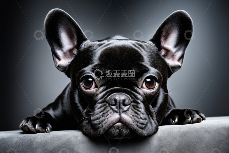 高清大图下载【趣麦麦图】黑色法国斗牛犬趴卧特写