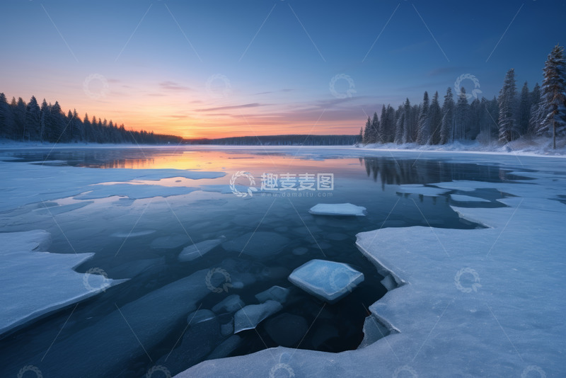 高清大图下载【趣麦麦图】冬日湖面冰景与日出风光