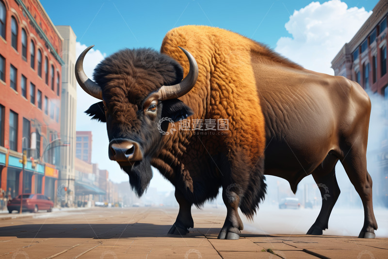 高清大图下载【趣麦麦图】城市街道上的野牛