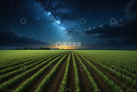 夜晚星空下的农田景观