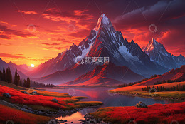 夕阳下的雪山湖泊自然景观