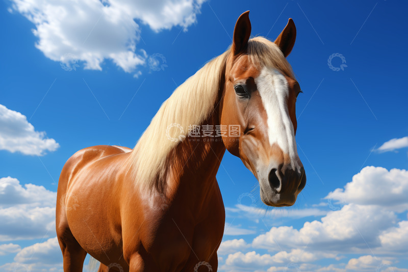高清大图下载【趣麦麦图】蓝天白云下的棕色骏马