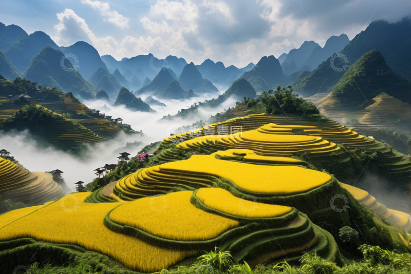 高清大图下载【趣麦麦图】山间金黄梯田自然风光