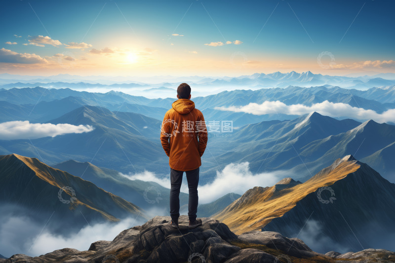 高清大图下载【趣麦麦图】男子山顶眺望连绵山脉