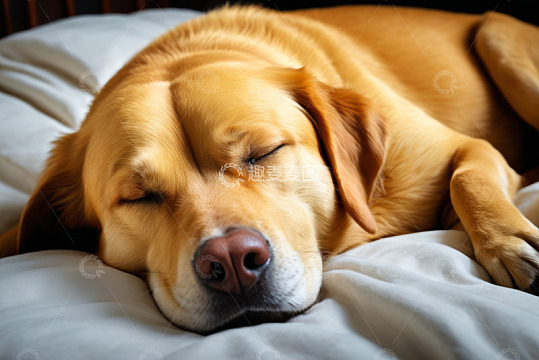 趴在床上睡觉的黄色拉布拉多犬