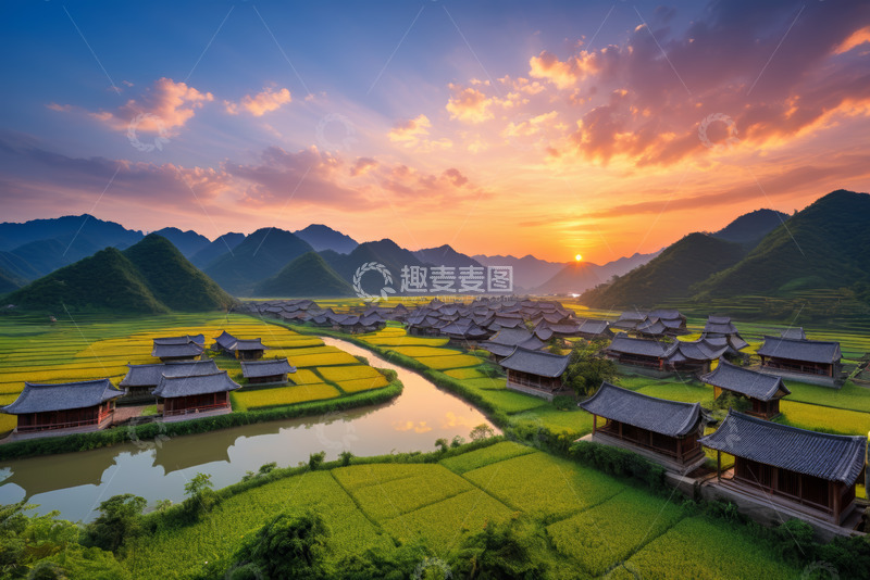 高清大图下载【趣麦麦图】乡村田园日落风光全景