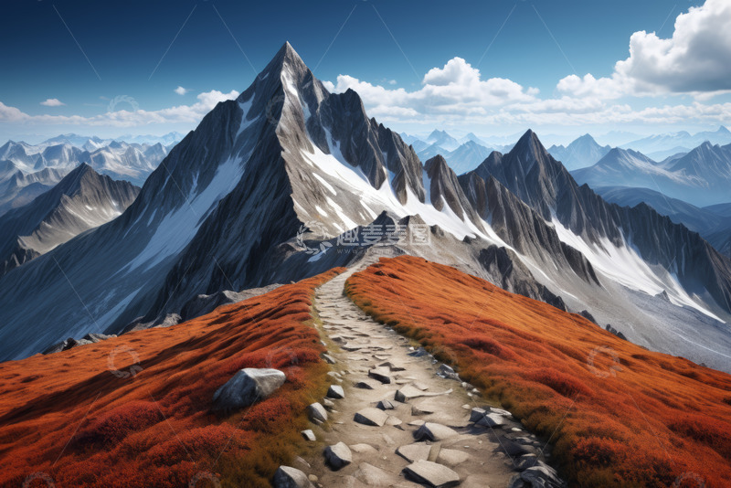 高清大图下载【趣麦麦图】山间小径与壮丽雪山风景