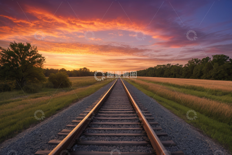 高清大图下载【趣麦麦图】夕阳下延伸的铁路风景