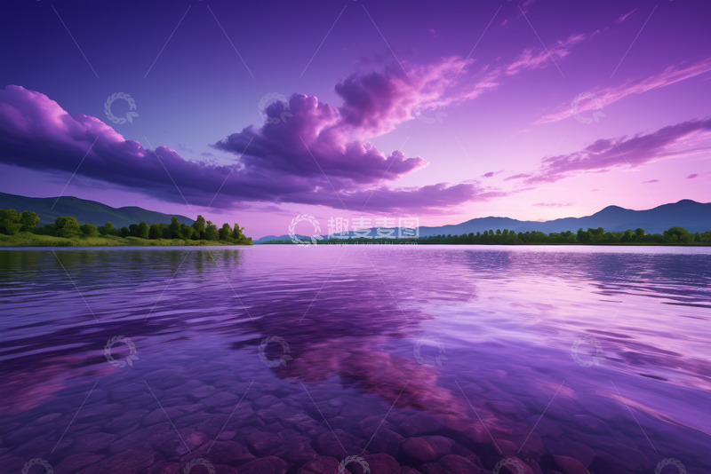高清大图下载【趣麦麦图】紫色天空下的山水湖泊景观