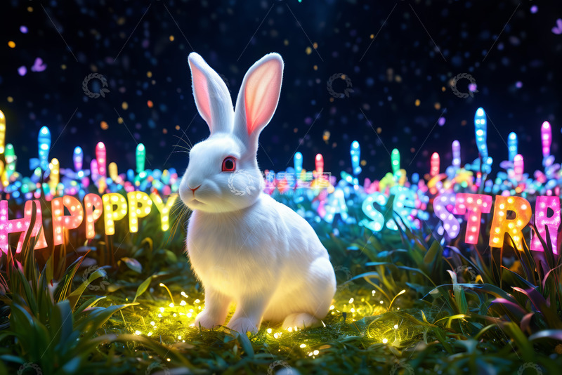 高清大图下载【趣麦麦图】复活节白兔与彩色灯光场景