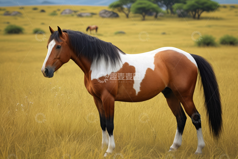 高清大图下载【趣麦麦图】草原上站立的棕白相间马匹
