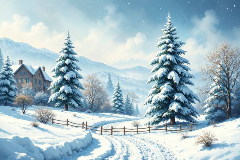 高清大图下载【趣麦麦图】冬日雪景中的小屋与雪松景观
