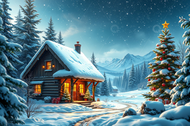 高清大图下载【趣麦麦图】雪夜木屋旁的圣诞树场景