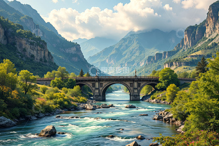 山间河流上的石桥风景