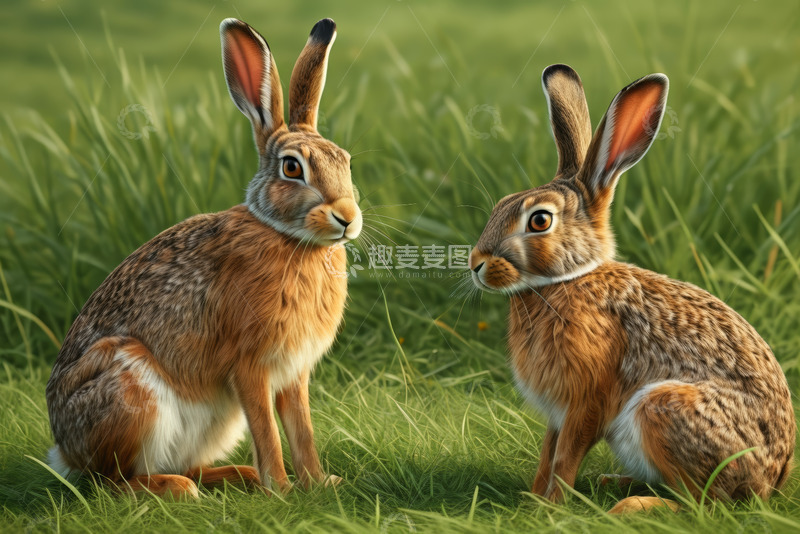 高清大图下载【趣麦麦图】草地上的两只兔子