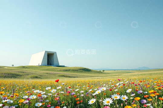 草原上的白色建筑与多彩花田