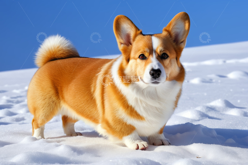 高清大图下载【趣麦麦图】雪地上的柯基犬