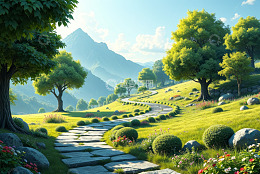 山间草地石板路自然风光