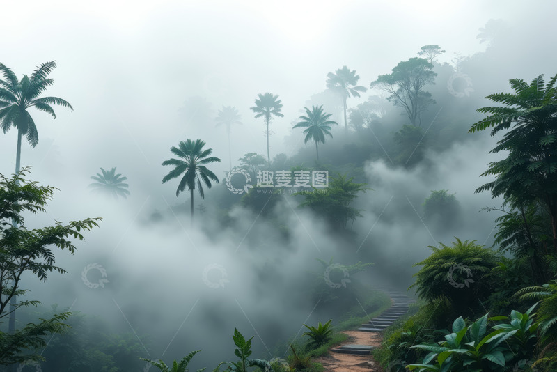 高清大图下载【趣麦麦图】雾气弥漫的热带森林景观