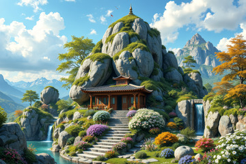 山间中式建筑自然风光