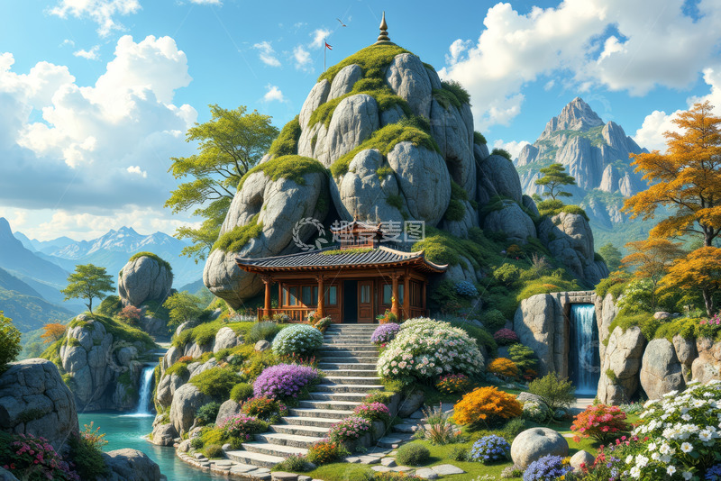 高清大图下载【趣麦麦图】山间中式建筑自然风光