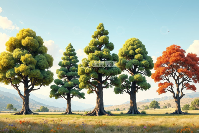 高清大图下载【趣麦麦图】田野上形态各异的树木景观