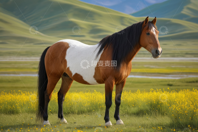 高清大图下载【趣麦麦图】草原上的棕白相间骏马