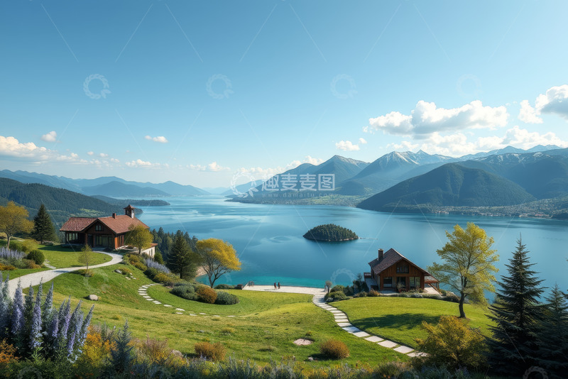高清大图下载【趣麦麦图】湖畔山间小屋自然风光