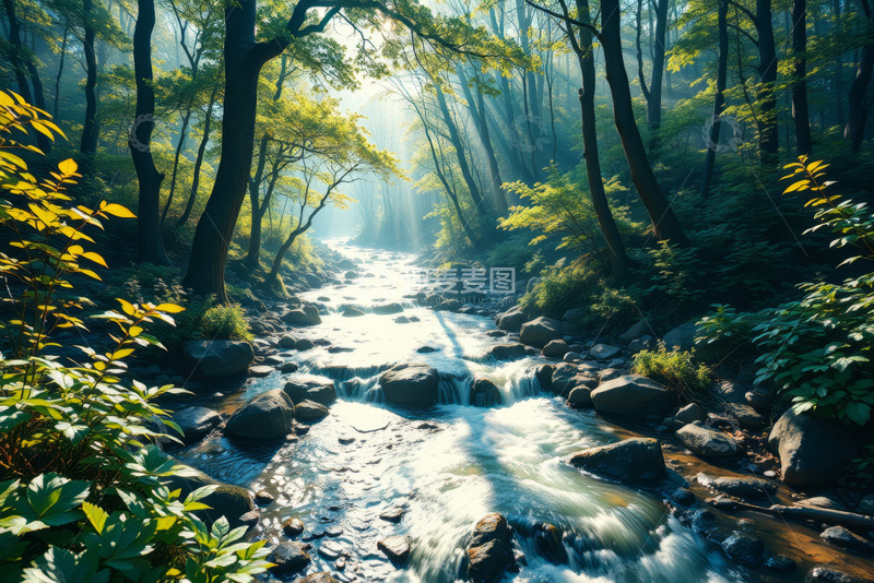 高清大图下载【趣麦麦图】阳光森林中的溪流景观