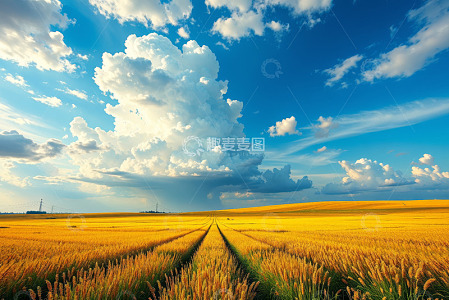 蓝天白云下的金黄麦田景观