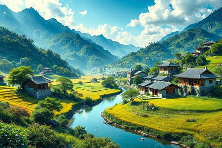 山间乡村田园风光场景