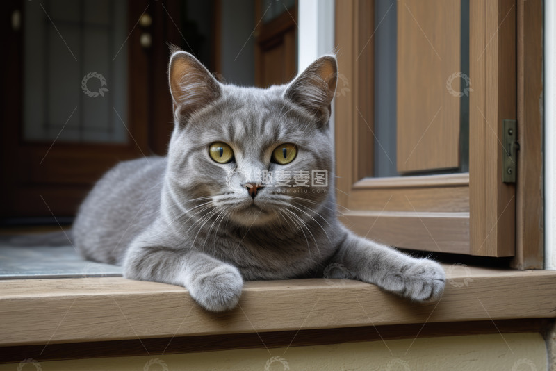 高清大图下载【趣麦麦图】窗边趴着的灰色猫咪