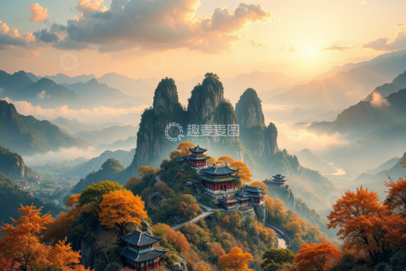 高清大图下载【趣麦麦图】山间古建筑群秋日风光
