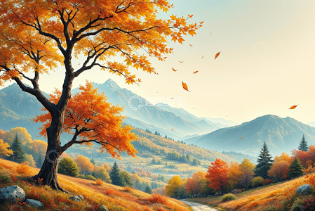 秋季山间单棵树木风景
