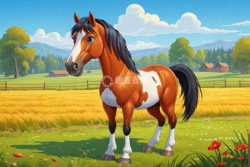 高清大图下载【趣麦麦图】田野中的棕白相间马