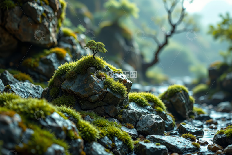 高清大图下载【趣麦麦图】长苔藓岩石上的小树特写