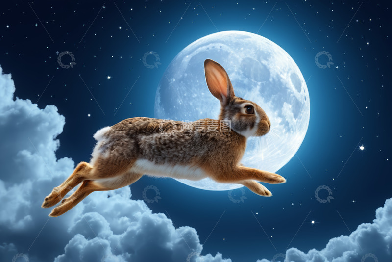 高清大图下载【趣麦麦图】月夜下跳跃的兔子
