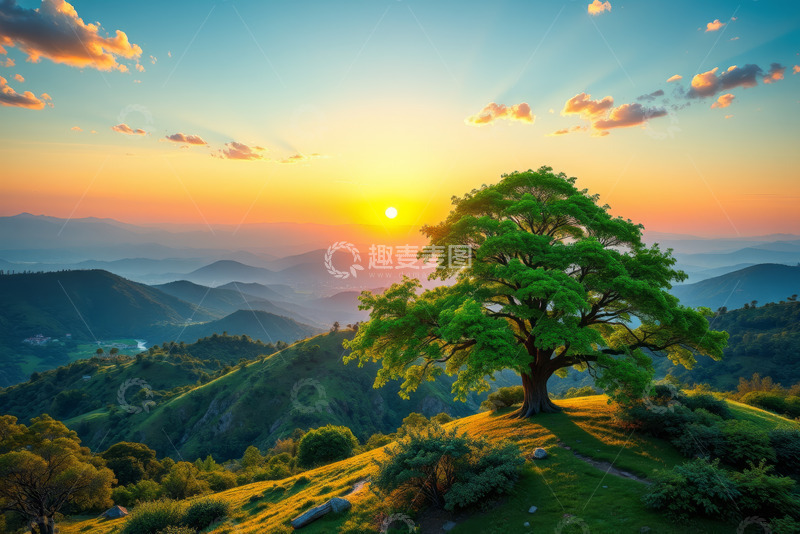 高清大图下载【趣麦麦图】山间日落大树自然景观