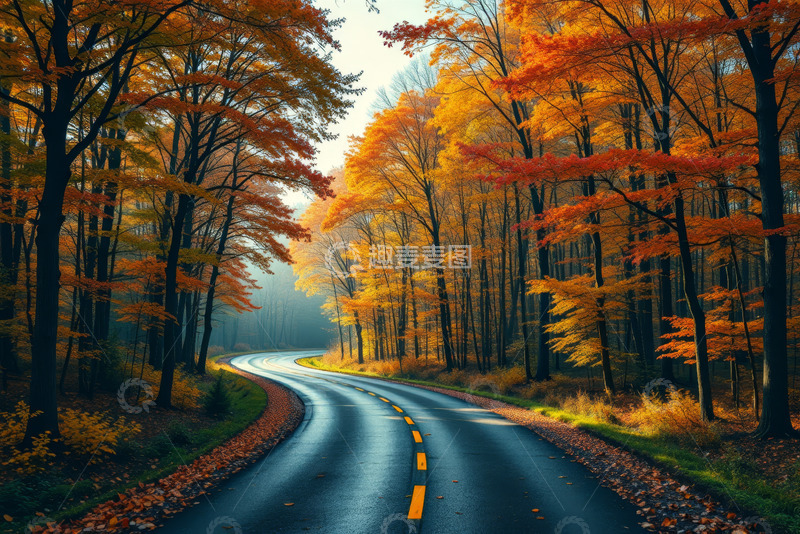 高清大图下载【趣麦麦图】秋日森林中蜿蜒的道路