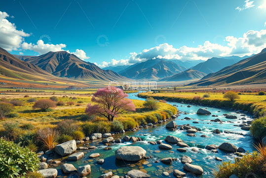 山间河流自然风光全景