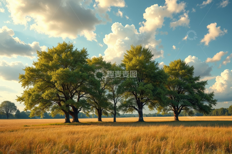 高清大图下载【趣麦麦图】田野中的绿树与蓝天白云景观
