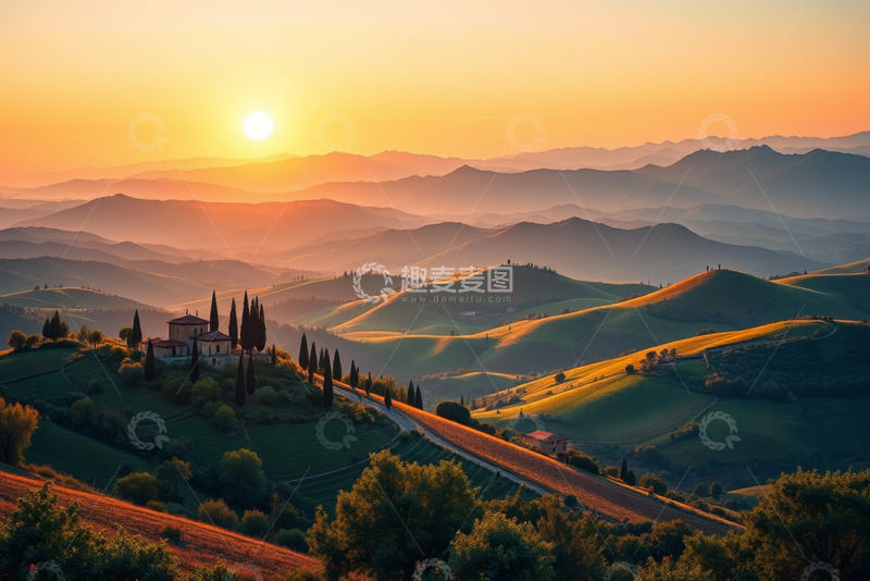 高清大图下载【趣麦麦图】托斯卡纳乡村日落风光