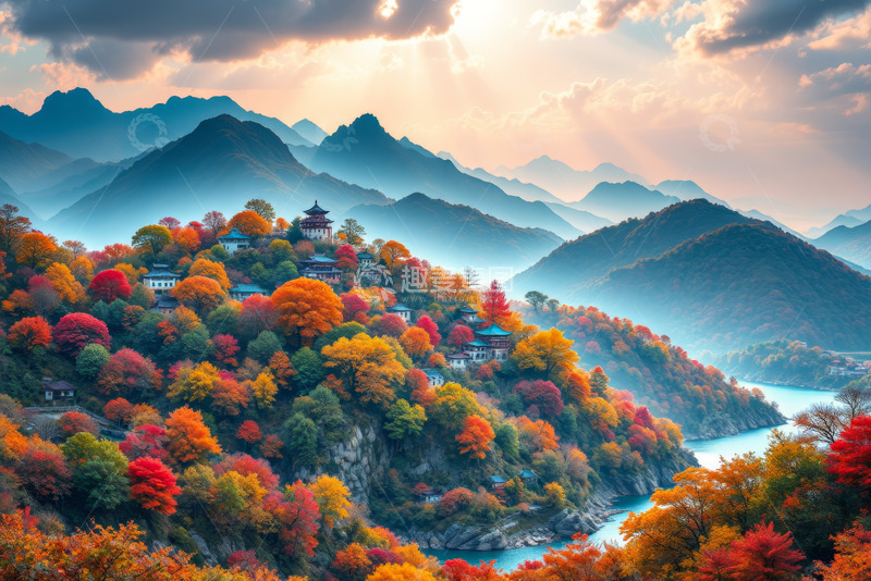 高清大图下载【趣麦麦图】秋日山峦彩林与古建筑景观