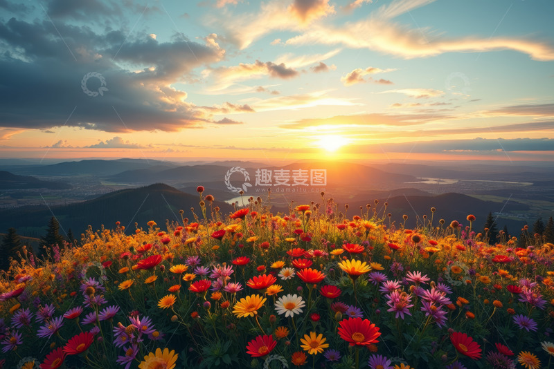 高清大图下载【趣麦麦图】山顶绚烂花海与日落美景
