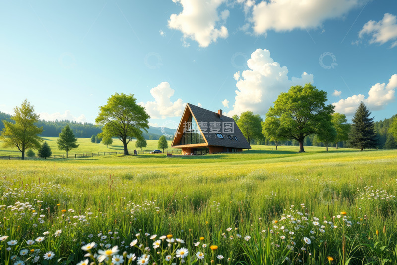 高清大图下载【趣麦麦图】田野中的三角形木屋风景