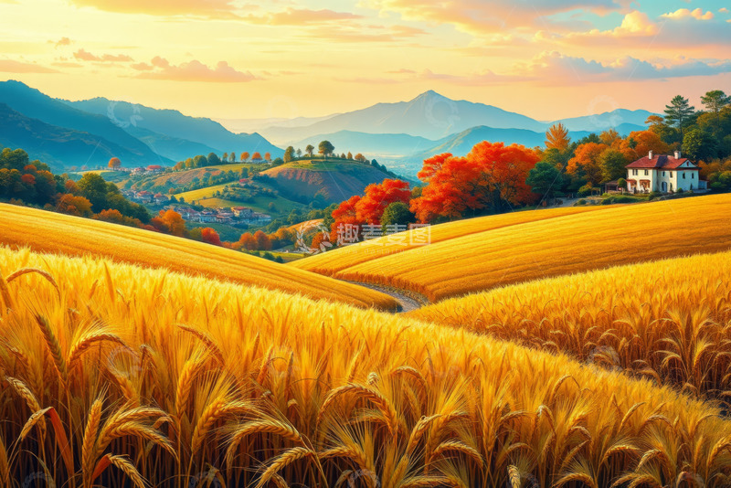 高清大图下载【趣麦麦图】金色麦田与远山乡村景致