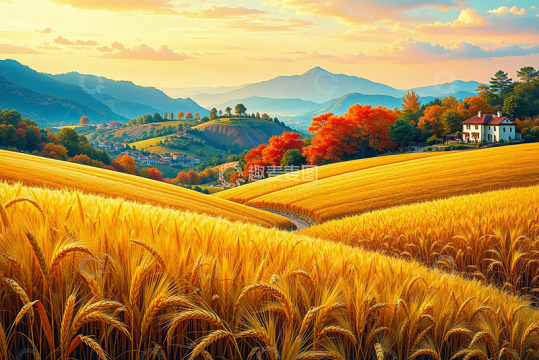 金色麦田与远山乡村景致