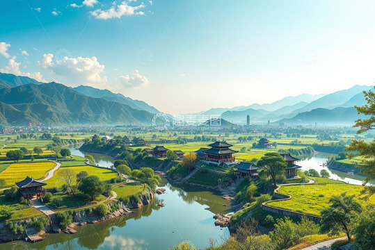 山水间古典建筑田园风光