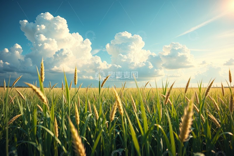 高清大图下载【趣麦麦图】蓝天白云下的小麦田风光