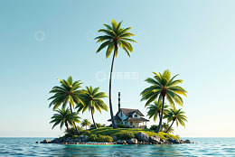 海上小岛房屋与棕榈树景观